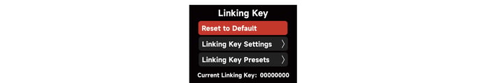 STORM CS32 Linking Key submenu: Reset to Default, Linking Key Settings, Linking Key Presets