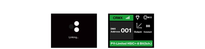 STORM CS32 CRMX linking screen and resulting DMX status screen