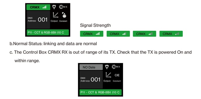 STORM CS32 CRMX signal strength indicator and connection status