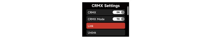 STORM CS32 CRMX Settings screen in TX mode with Link and Unlink
