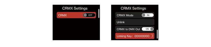 STORM CS32 CRMX Settings screen in RX mode