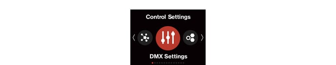 STORM CS32 Control Settings menu carousel showing DMX, CRMX, and Sidus BT icons