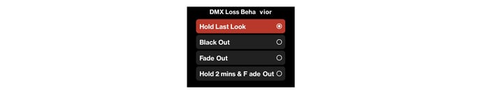 STORM CS32 DMX Loss Behavior screen