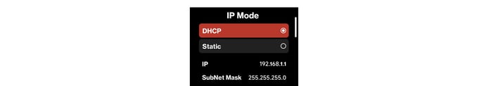 STORM CS32 IP Mode screen: DHCP and Static