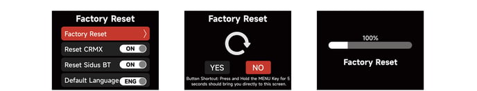 STORM CS32 Factory Reset flow screens