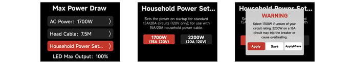STORM CS32 Household Power Settings screen: 1700W or 2200W