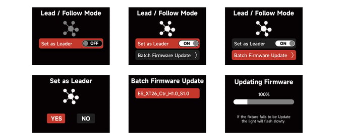 STORM CS32 Lead/Follow Mode, Set as Leader, and Batch Firmware Update screens