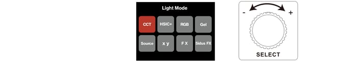 STORM CS32 Light Mode menu grid: CCT, HSIC+, RGB, Gel, Source, xy, FX, Sidus FX