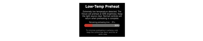 STORM CS32 Low-Temp Preheat screen with progress bar