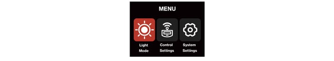 STORM CS32 MENU screen: Light Mode, Control Settings, System Settings