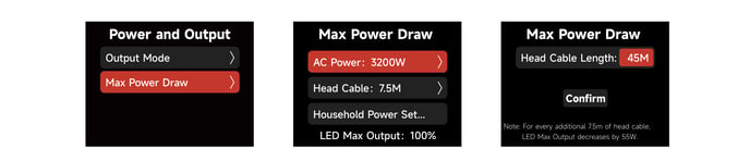 STORM CS32 Max Power Draw screen: AC Power and Head Cable Length