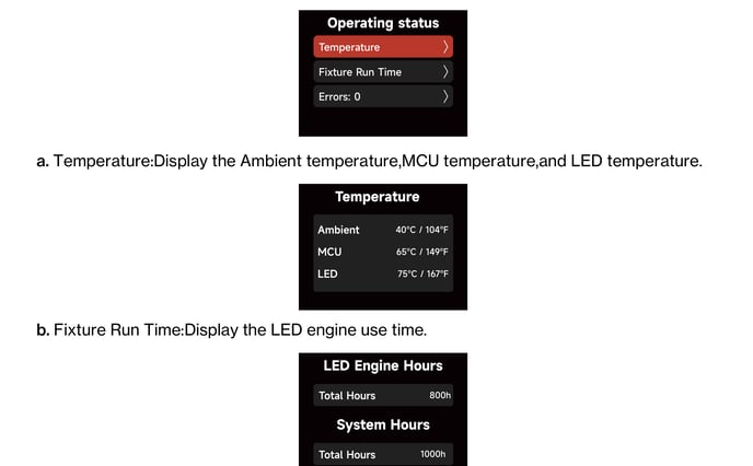 STORM CS32 Operating Status: Temperature and LED Engine Hours screens