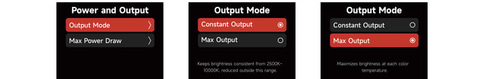 STORM CS32 Output Mode screen: Constant Output and Max Output