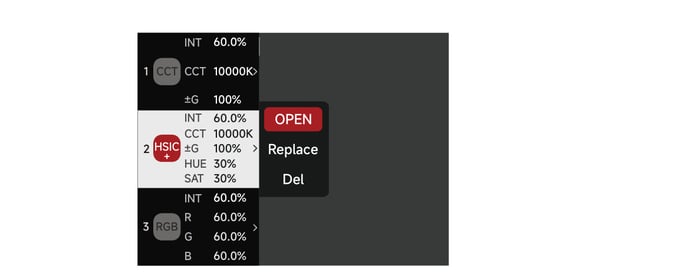STORM CS32 Preset interface showing saved CCT, HSIC+, and RGB presets