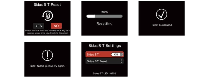 STORM CS32 Sidus BT Reset confirmation, progress, success, and failure screens