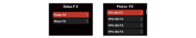 STORM CS32 Sidus FX menu and Picker FX preset list