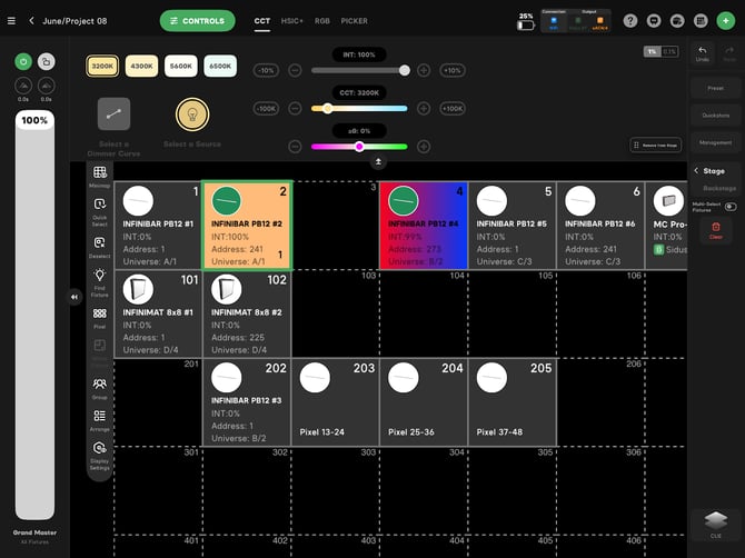 Fixture intensity values shown in the Layout View grid